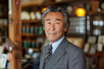 Fototapeta premium Portrait of an elegant senior businessman smiling in a traditional japanese store