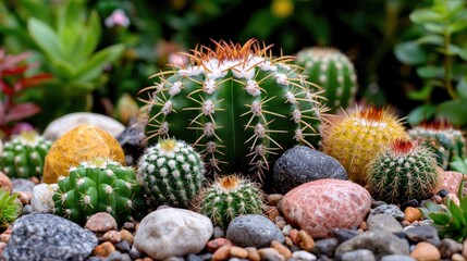 Fototapeta premium Various small spiky cacti grow among smooth river stones in a sunny outdoor garden.