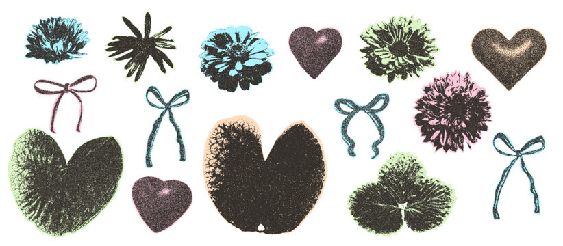 Flower and leaves photocopy collage stickers. Stippled monochrome effect florals and bows with hearts assets. Collage paper botanical element. Vector dotted scrapbook illustration on white background.
