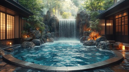 A serene, traditional Japanese onsen (hot spring) at night,