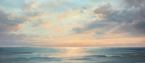 Fototapeta premium Serene coastal morning with gentle pastel sky hues of pink and blue over calm ocean waves reflecting soft light, ideal for relaxation and inspiration