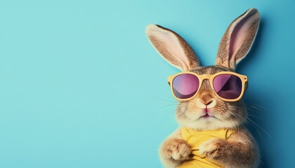 Stylish bunny wearing yellow sunglasses on a vibrant blue background, perfect for Easter projects.