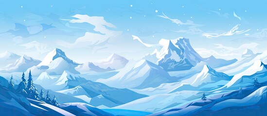 Fototapeta premium Serene glacier mountains in soft blue tones, snowy peaks and frosty foreground, against a bright sky with wispy clouds, depicting winter tranquility.