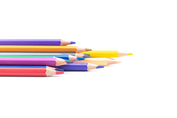 Colourful wooden colored pencils isolated on white background with copy space