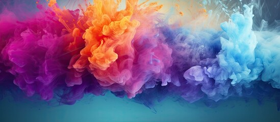 Fototapeta premium Vibrant abstract background of colorful powder explosion with rich orange, pink, and blue hues blending against a soft turquoise base for artistic use