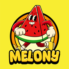 Happy Watermelon Tropical Summer Vibes Cartoon Character in Retro Vintage Style