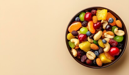 A bowl of mixed nuts and dried fruits, such as cashews, cherries, grapes, oranges, blueberries, pineapples, and raisins, on a beige background. 