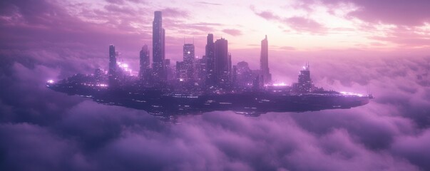 Futuristic floating cityscape with skyscrapers amidst clouds at sunset in purple hues