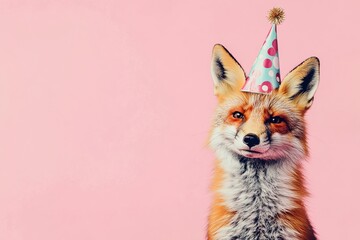 Fototapeta premium funny animal birthday celebration concept, sweet fluffy red fox in festive party hat on plain light pink background with copy space