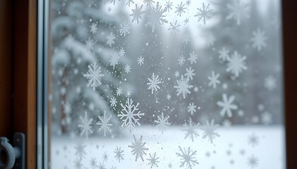 Frosted window with snowflake patterns during winter in a snowy landscape