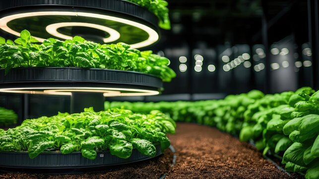 Vertical farming gardening concept. Vibrant indoor garden with tiered shelving for growing fresh leafy vegetables.