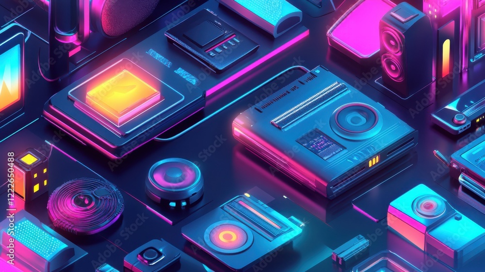 Poster colorful array of retro and modern electronic devices arranged artistically on a dark surface
