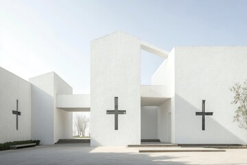 A modern chapel with plain white walls, simple cross-shaped windows, and a small open courtyard