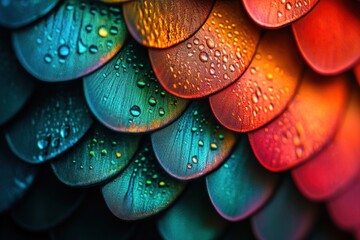 Obraz premium Macro shot of iridescent fish scale displaying vibrant colors and intricate textures