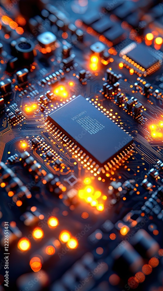 Aufkleber close-up view of a circuit board showcasing illuminated components and intricate details during a te