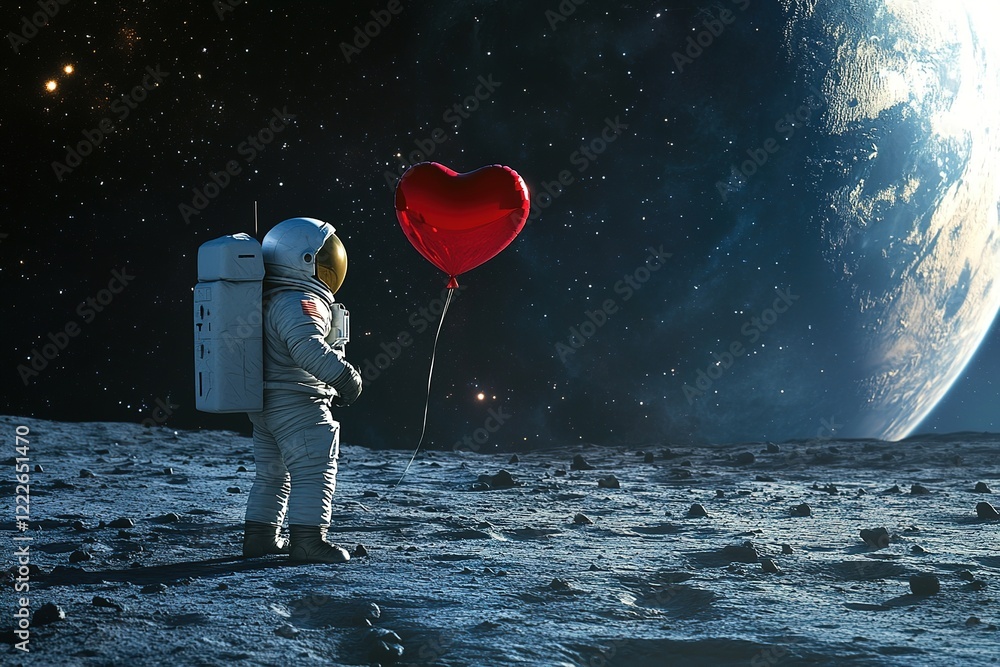 Poster romantic postcard astronaut in white spacesuit with red heart-shaped on moon surface with planet in 