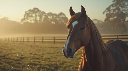 Fototapeta premium Horse standing calmly in a sunlit pasture during early morning hours, surrounded by mist and trees