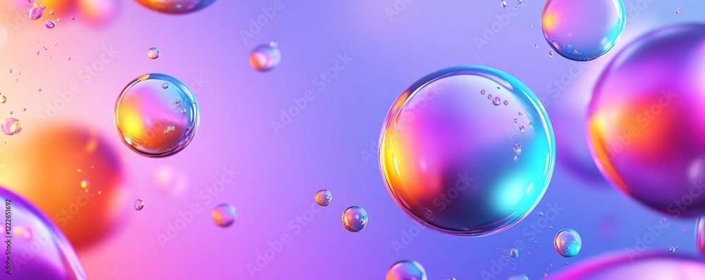 Poster colorful iridescent bubbles floating in vibrant gradient background