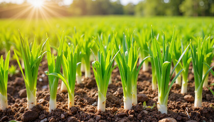 Obraz premium Lemongrass seedlings growing under harsh afternoon sun, rural garden