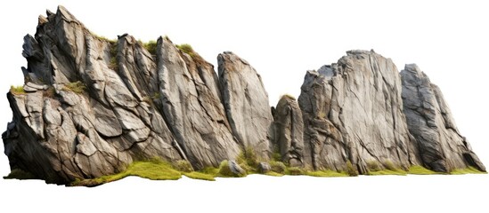 Textured gray rock cliff with mossy green accents against a white background, showcasing a rugged and natural isolated landscape element.