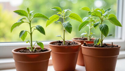 Obraz premium Young tomato seedlings thriving on windowsill, indoor gardening inspiration