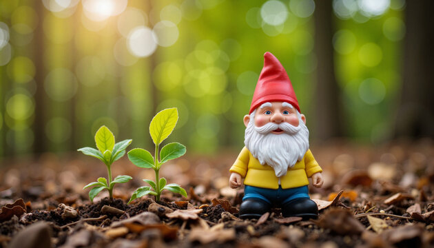 Whimsical garden gnome beside sprouting plants in soft evening light, growth