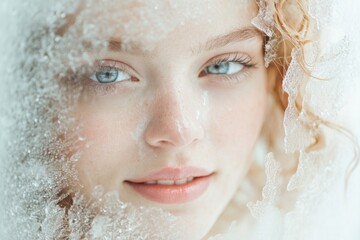 The close-up of a young woman's face showcases her radiant freckles and inviting smile, encapsulating youthful beauty against a backdrop of frosty elegance.