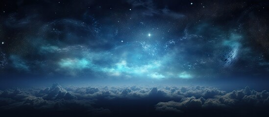 Night sky panorama featuring bright stars and clouds with a gradient of deep blue and teal hues, creating a serene cosmic atmosphere.