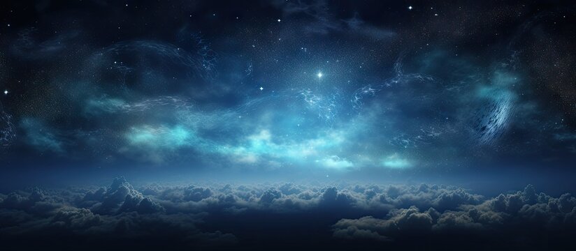 Night sky panorama featuring bright stars and clouds with a gradient of deep blue and teal hues, creating a serene cosmic atmosphere.