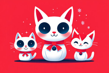 Cute white cats with red bows on red background