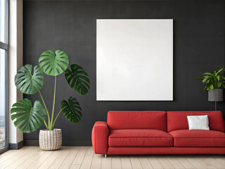 Canvas Mockup in Modern Living Room. Red Sofa and Blank Canvas. Square Poster Mockup. Empty Canvas