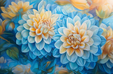 Obraz premium An artistic and vibrant close-up of blue and yellow flowers beautifully arranged, illustrating nature's beauty and the unique patterns found in floral compositions.