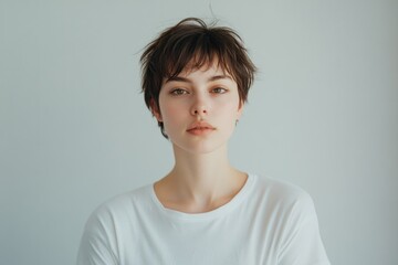 A close-up portrait of a young woman with short, tousled hair capturing an essence of confidence and tranquility against a neutral, plain background.
