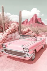 Gordijnen vertical stylish aesthetic retro poster vintage car in desert with cactus and hills in pink tones © Маргарита Вайс