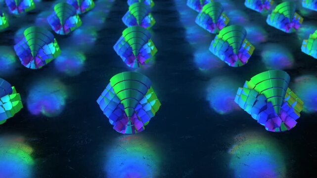 Array of vibrant conical shapes in green and blue stacked like scales on a dark reflective floor