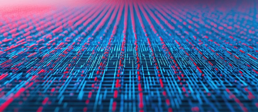 Vibrant perspective of parallel blue and red circuit lines on a dark grid showcasing intricate data technology with dynamic depth and detail.