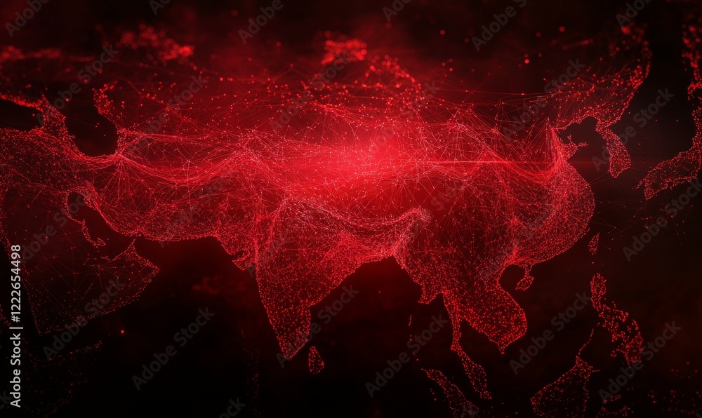 Poster digital representation of asia in red tones, symbolizing technology and cyber defense. intricate net