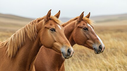 Obraz premium Two horses stand side by side in a grassy field under a cloudy sky during late afternoon