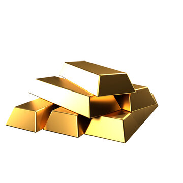 Set of glossy gold bars , piles of gold lingots isolated on transparent background PNG