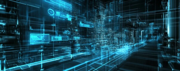 Digital twin of an industrial oil plant, overlaying the real scene with blue holographic digital lines and icons representing data collection