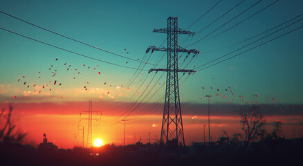 Fototapeta premium Sunset view with electric pylon silhouetted against vibrant sky and flocks of birds in motion