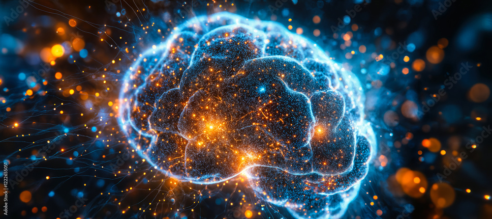 Aufkleber glowing digital visualization of brain with neural network connections and light effects