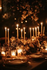 A candlelit wedding reception with an elegant centerpiece