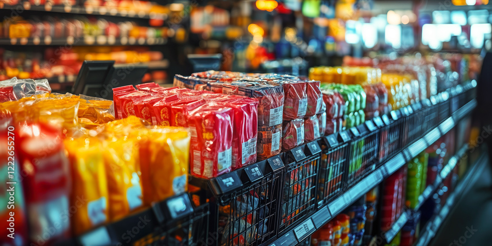 Aufkleber advanced self-checkout technology with overhead monitoring in supermarket for accurate purchase reco