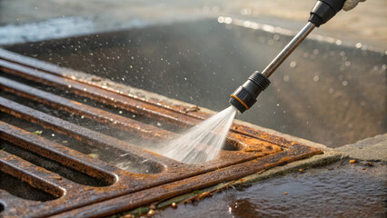 High pressure water cleaning rusty metal surface, removing dirt and grime