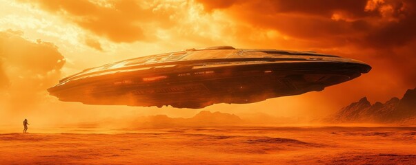 Enormous spaceship hovering above barren alien landscape with orange skies