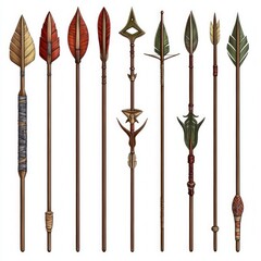 A Collection of Exquisitely Crafted Tribal Arrows, Displaying Intricate Designs and Vivid Colors, Perfect for Digital Art Enthusiasts and Game Developers.
