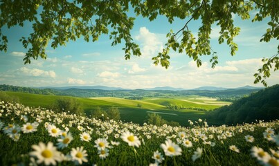 dreamy landscape with rolling hills and a backdrop of green leaves and chamomile flowers in bloom