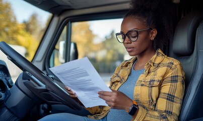 Driver reviewing insurance document while driving on road