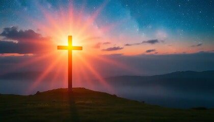 Fototapeta premium Majestic Cross Silhouette At Sunrise Over Misty Mountains